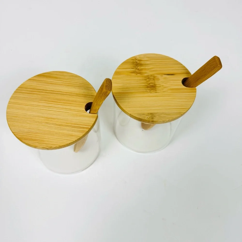 2 PCS Clear Glass Condiment Canister Set with Bamboo Lid & Spoon